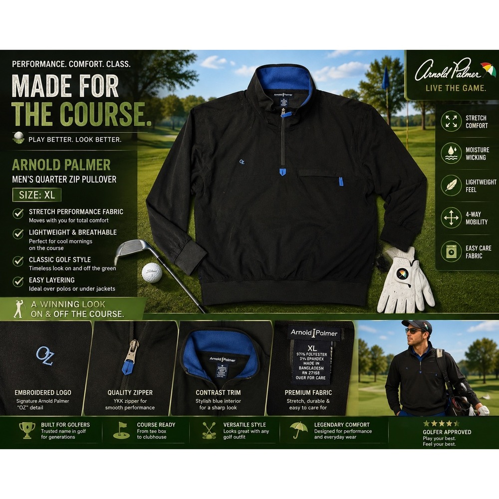 Arnold Palmer Men's XL Black 1/4 Zip Pullover Golf Jacket Stretch Blue Trim